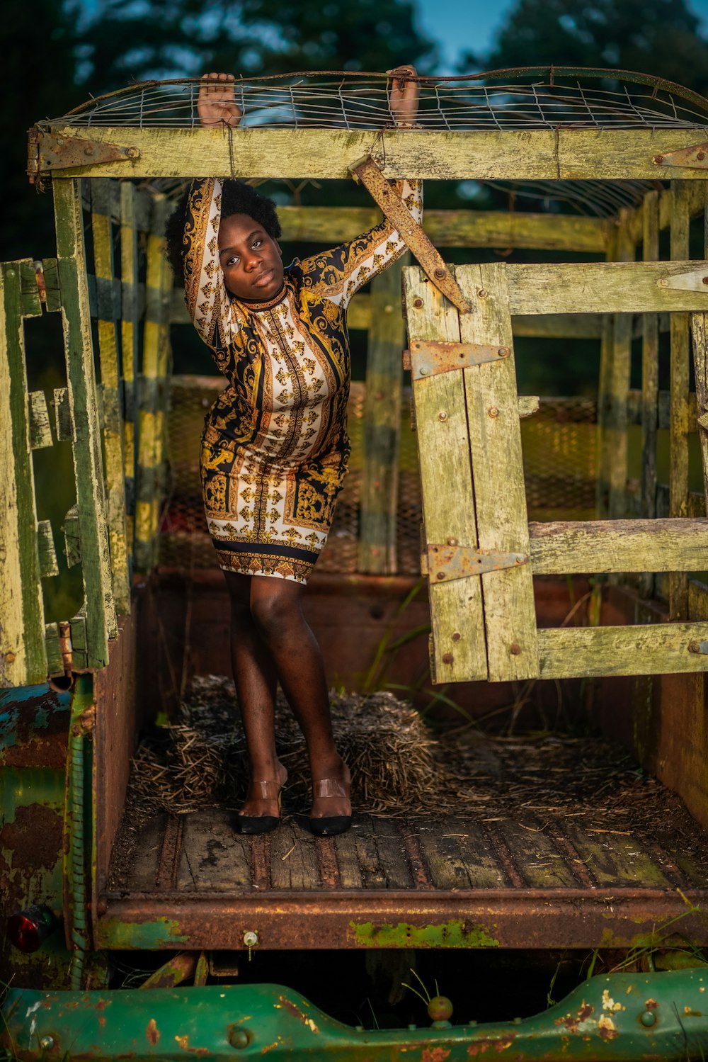 woman in brown and white dress standing on brown wooden fence