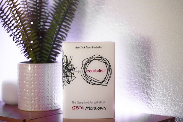 A book titled 'Essentialism' by Greg McKeown is placed upright on a table beside a decorative pot with green fern-like plants. The book cover features a simplified black scribble design framing the title. The background includes a textured wall that subtly reflects light, creating a soft ambiance.