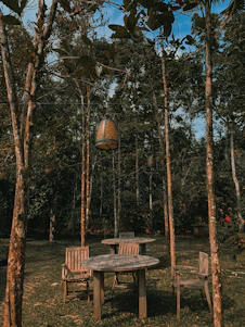 A serene outdoor setting with a long wooden table surrounded by softly glowing lanterns under a twilight sky.