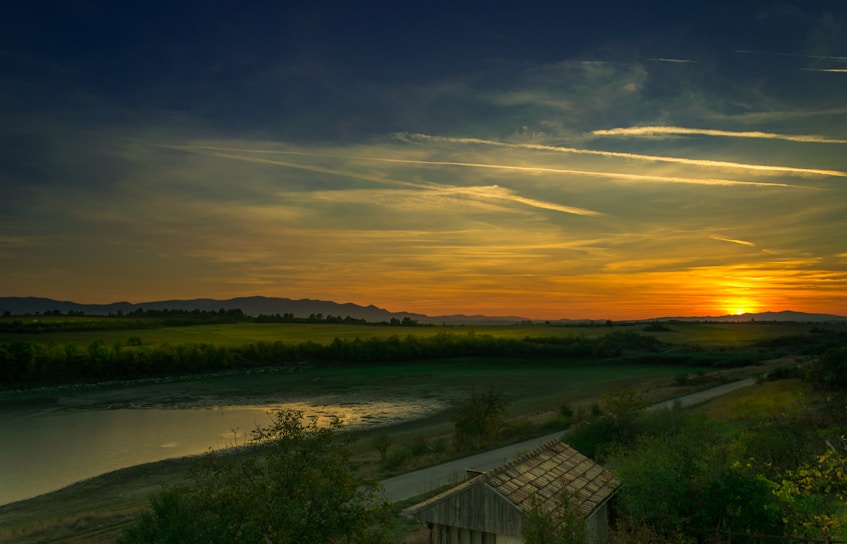 green grass field near body of water during sunset