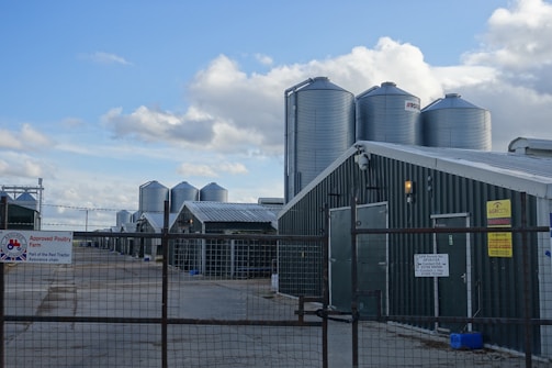 Several large metal silos are positioned next to long, green-roofed farm buildings. These structures are enclosed by a wire fence, and multiple signs are visible, indicating that the site is an approved poultry farm. The sky is partly cloudy, providing a mixture of sunlight and shade across the scene.