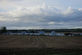 A vast agricultural landscape with freshly plowed fields stretching into the distance, bordered by rows of industrial silos and large farming structures. The sky is overcast with thick, rolling clouds, and greenery and forests can be seen in the background.