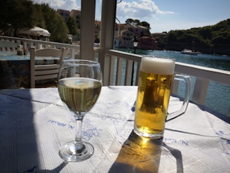 A glass of white wine and a glass of beer are placed on a table overlooking a scenic waterfront. The table is covered with a patterned tablecloth. In the background, a body of water is visible with trees and buildings on the opposite shore under a clear sky.