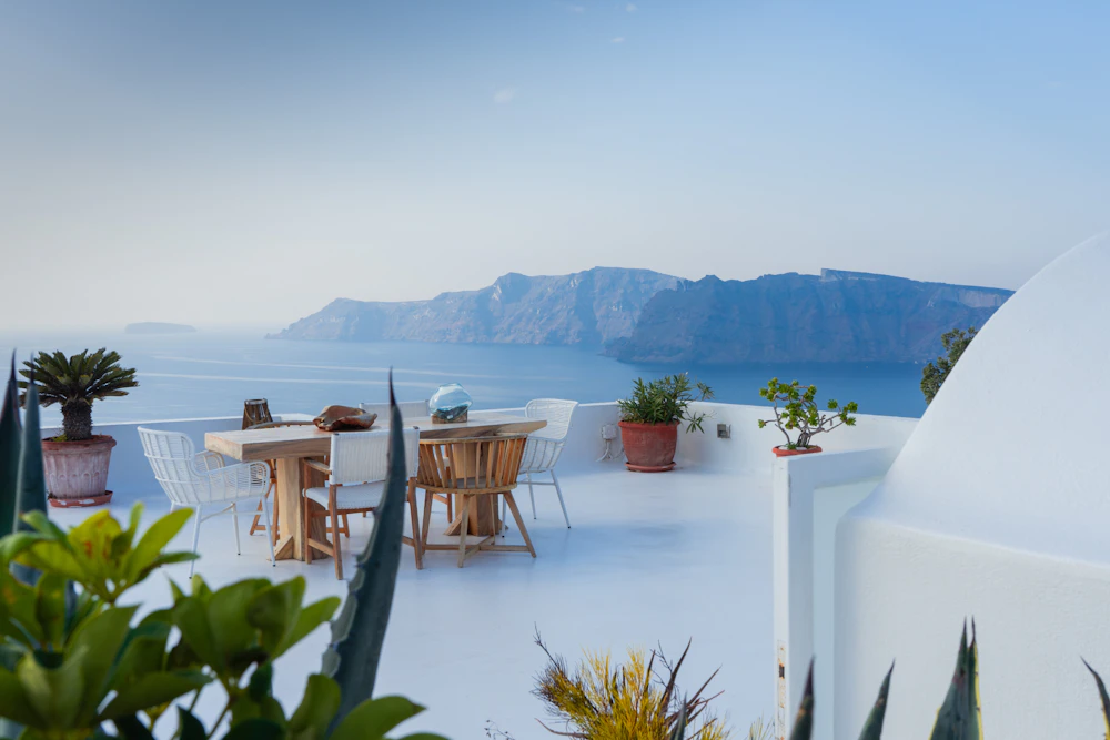 A terrace above the sea at dusk