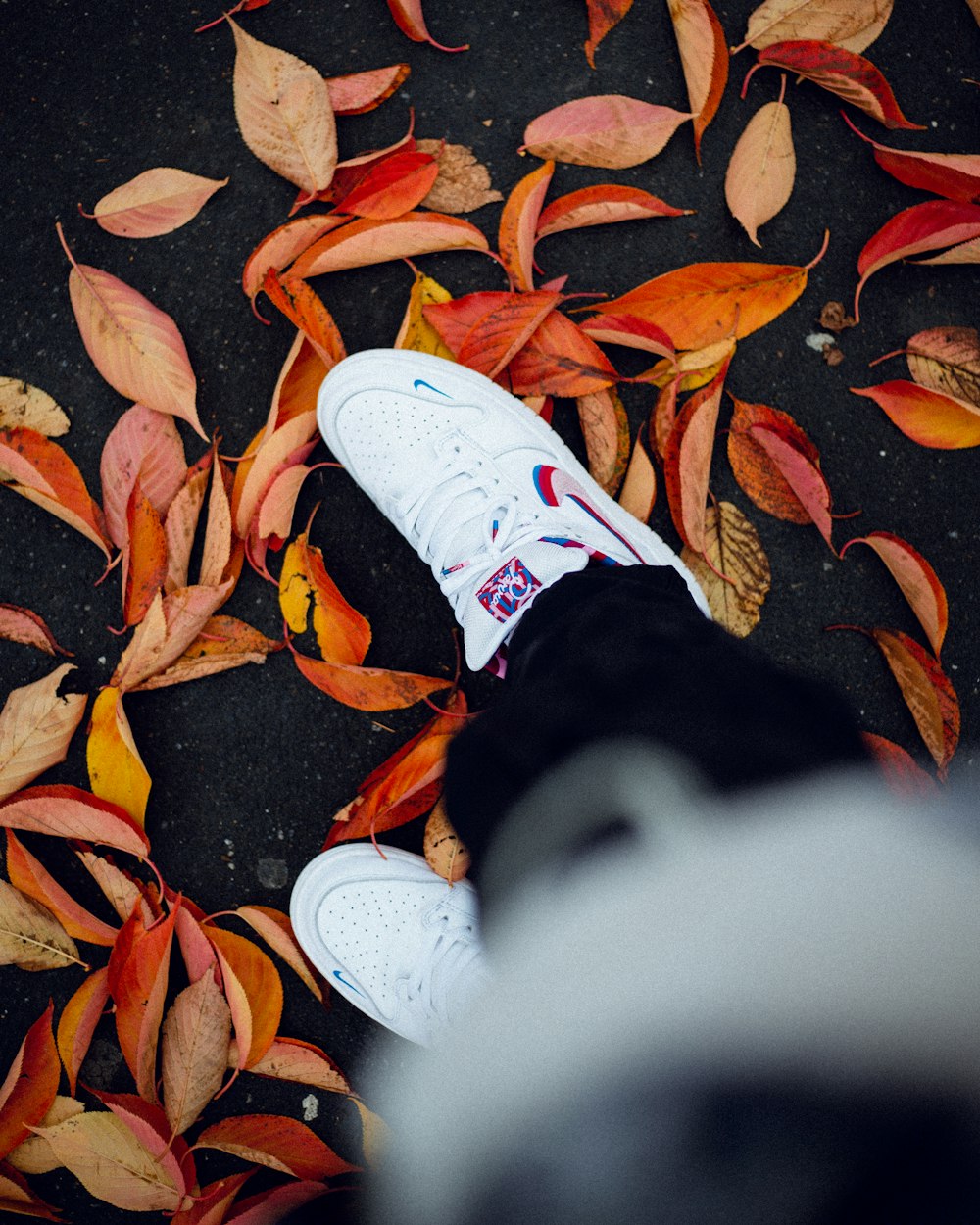 person wearing white and orange nike athletic shoes