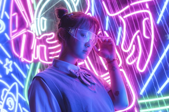 A person wearing futuristic glasses stands in front of vibrant neon lights. The background features bold electric purple, blue, and pink colors with abstract designs, possibly depicting elements like rockets or space themes. The individual is dressed in a casual outfit with a shirt and sweater, and their expression appears contemplative.