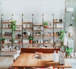 A cozy nook with a small coffee table, potted plants, and shelves filled with coffee accessories in muted brown shades.
