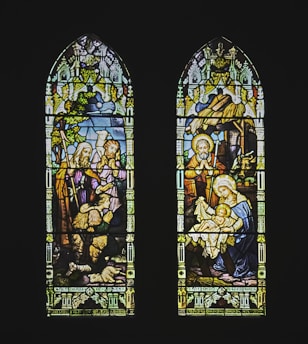 3 glass windows with blue and yellow floral design