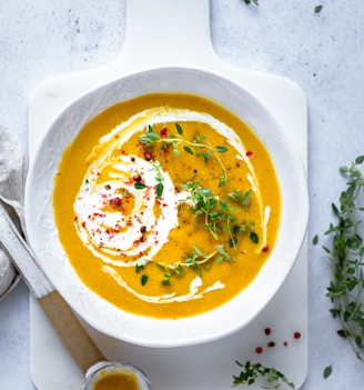 soup in white ceramic bowl