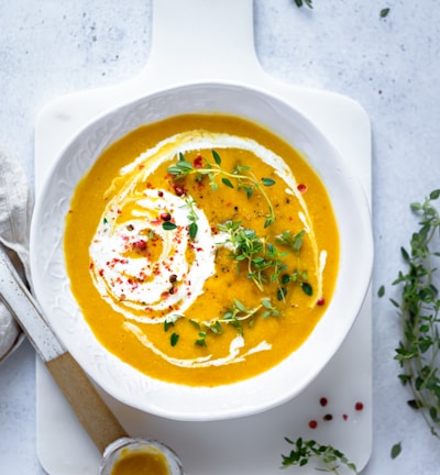 soup in white ceramic bowl