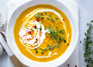 soup in white ceramic bowl