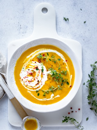 soup in white ceramic bowl