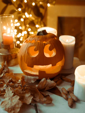 jack o lantern on gray textile