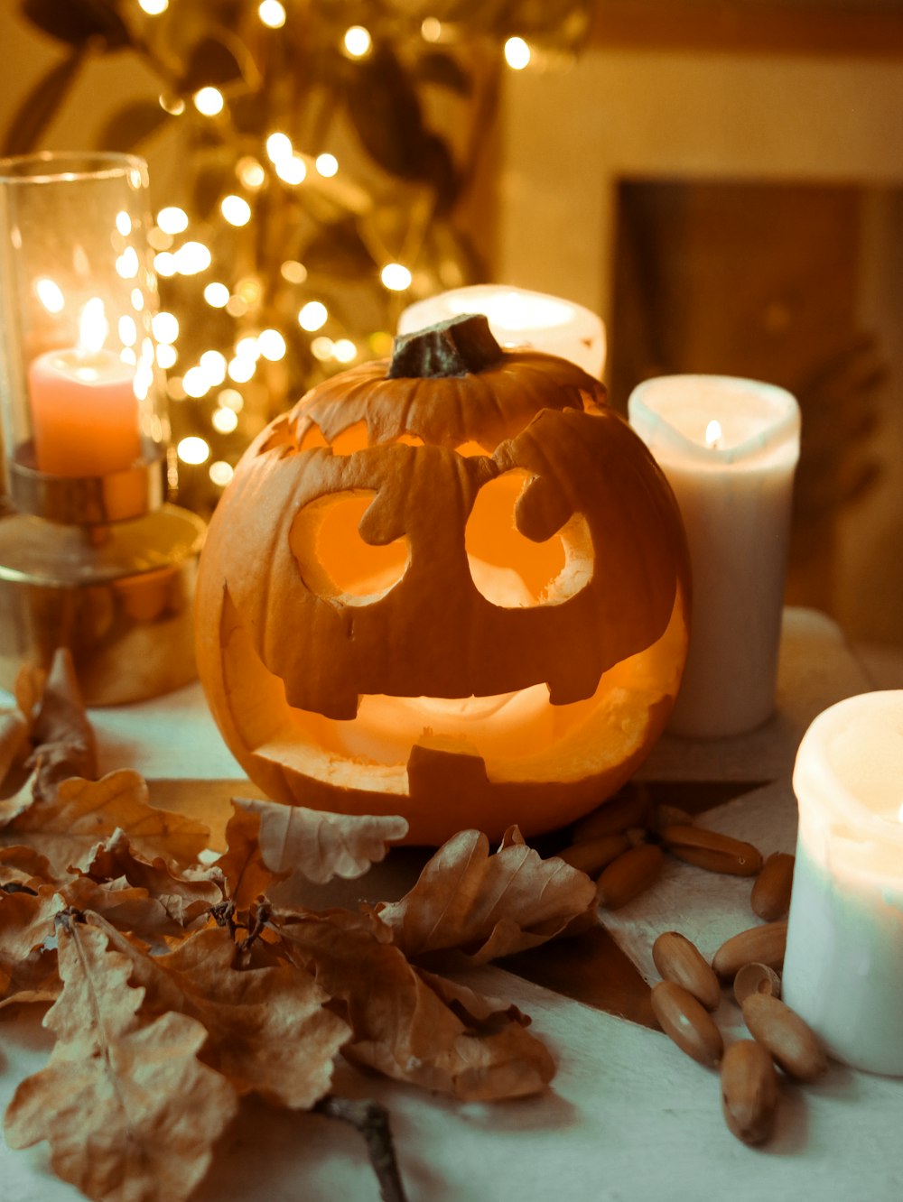 jack o lantern on gray textile