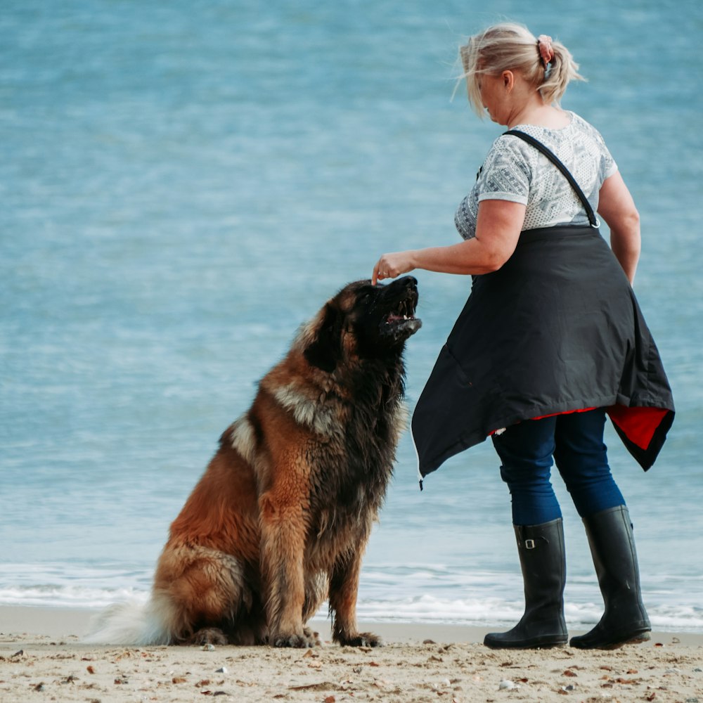 woman in blue shirt and black pants standing on beach with black and tan german shepherd