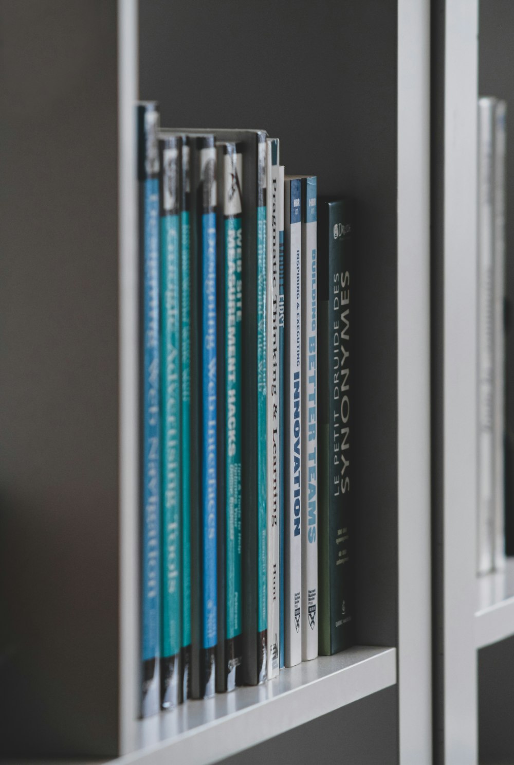 books on white wooden shelf