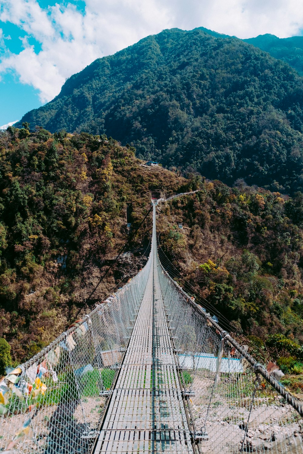 white bridge over the green mountain