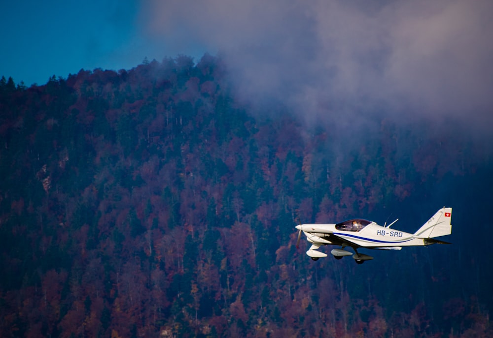 white and black jet plane flying over green trees during daytime