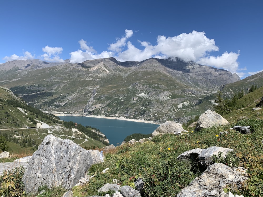 grüne und graue Berge in der Nähe von Gewässern unter blauem Himmel während des Tages