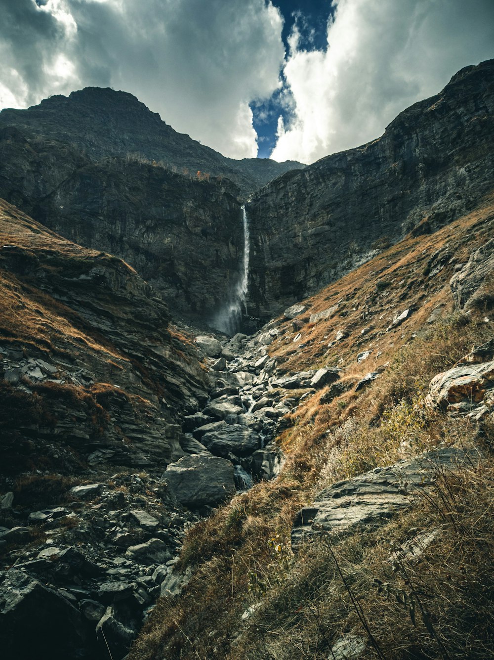 waterfalls in the middle of rocky mountains