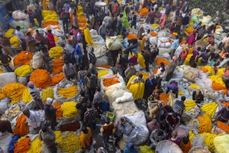 A bustling marketplace filled with people, many of whom are vendors and buyers surrounding vibrant piles of marigold flowers. The scene is filled with activity as individuals engage in trade, conversation, and movement through narrow paths between the flower mounds.