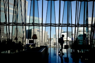 silhouette of man standing near glass window