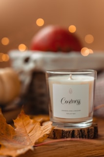 A candle labeled 'Coziness' sits on a wooden coaster surrounded by autumnal decorations, including a dry orange leaf and a blurred background featuring warm fairy lights and an apple.