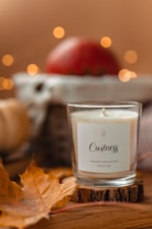 A candle labeled 'Coziness' sits on a wooden coaster surrounded by autumnal decorations, including a dry orange leaf and a blurred background featuring warm fairy lights and an apple.