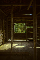 Sunlight filtering through wooden beams in a half-built cabin.