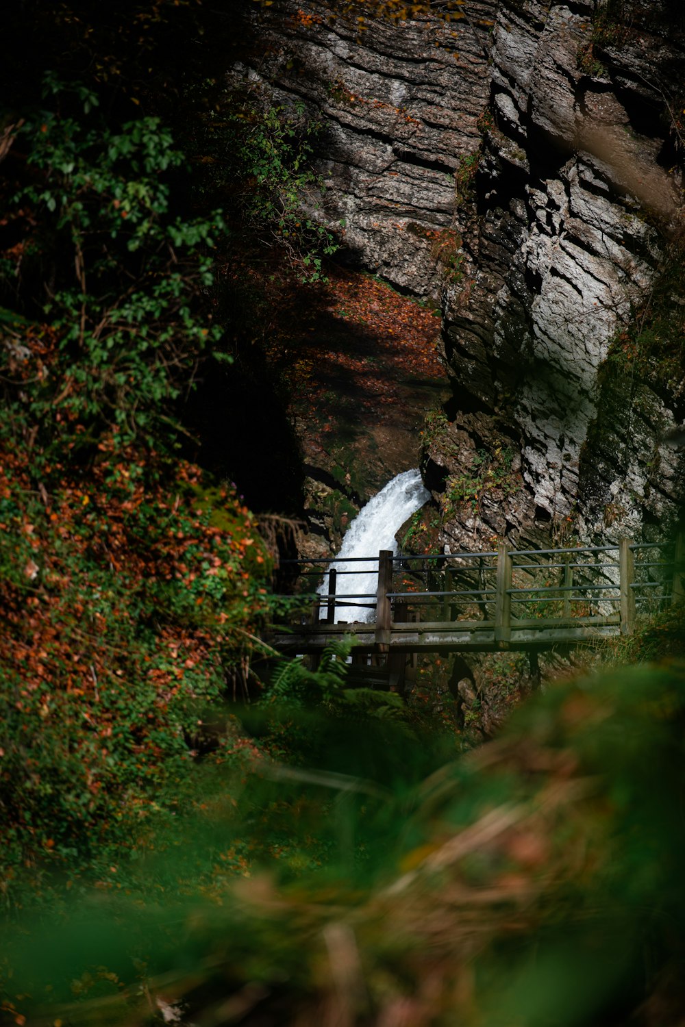 white wooden bridge on brown rocky mountain