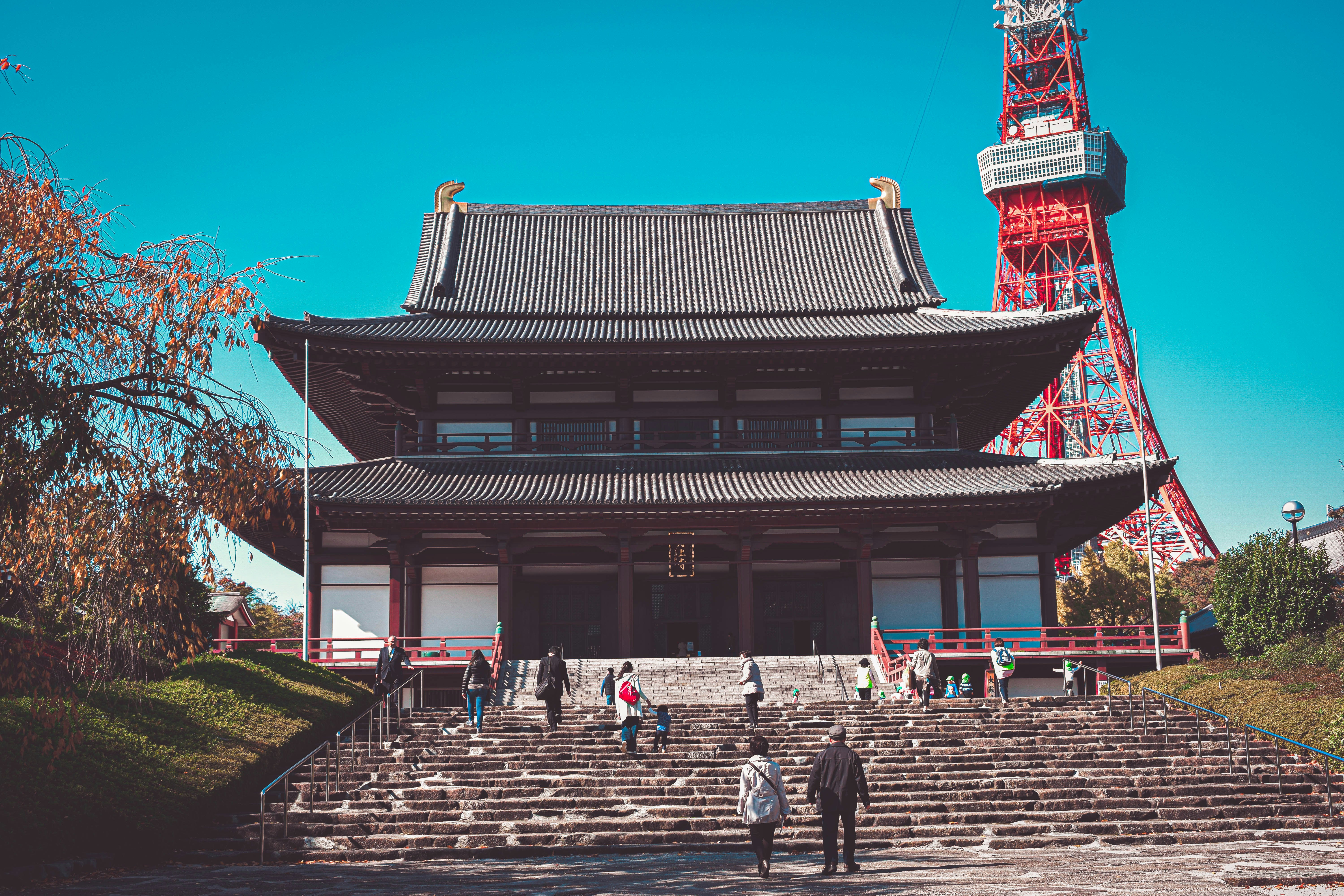 Temple building with visitors walking towards it