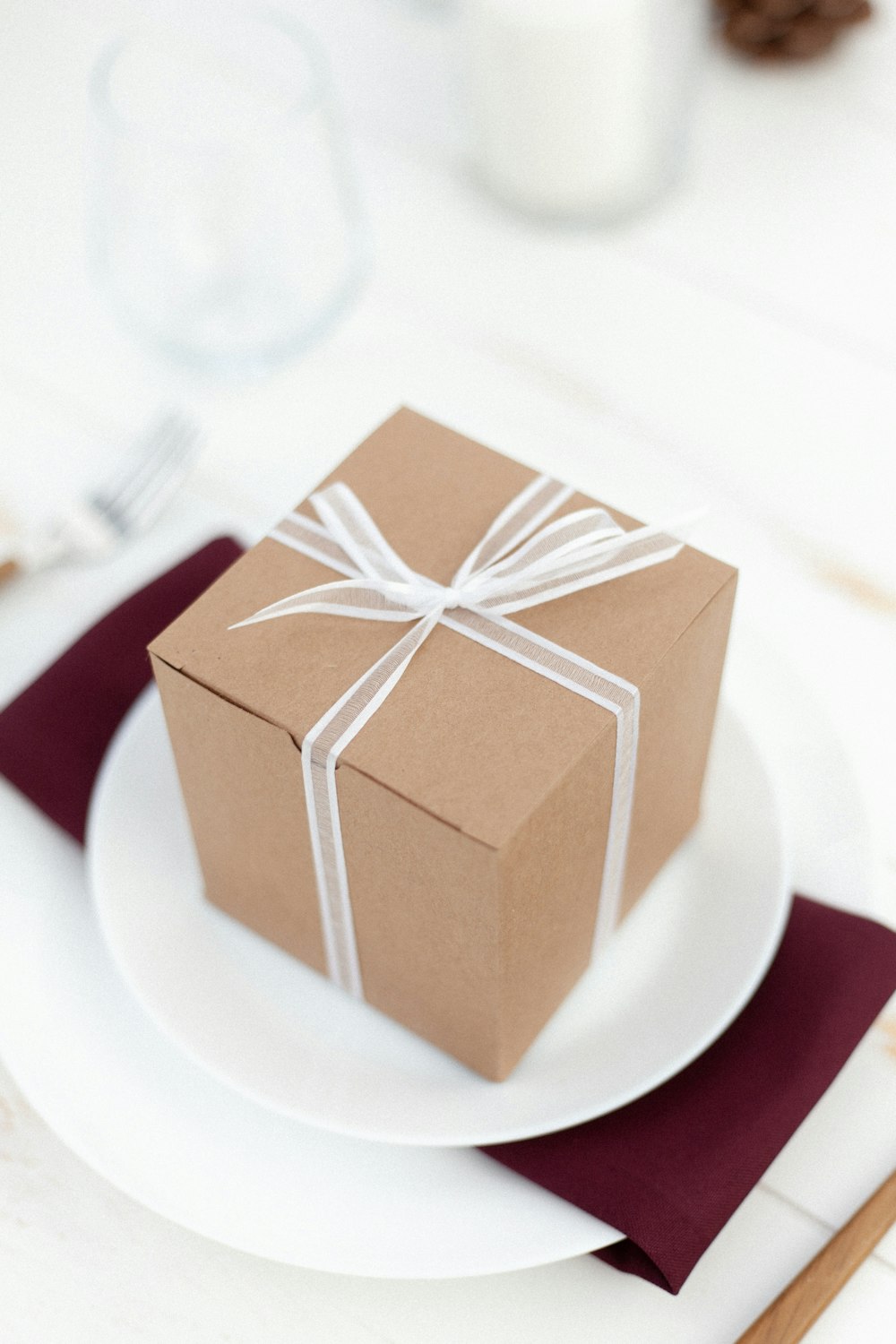 brown and white box on white ceramic plate