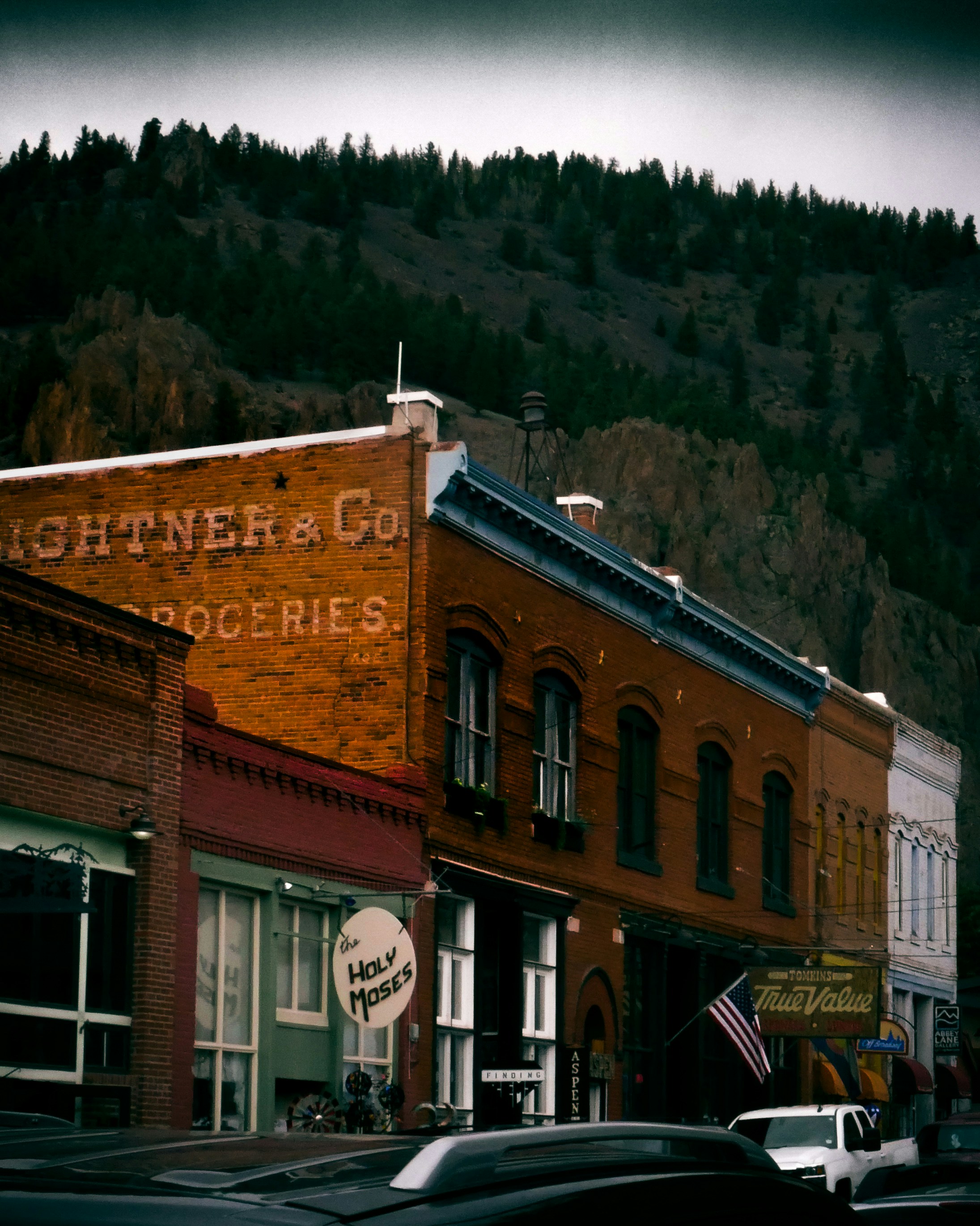 日中の緑の木々の近くにある茶色と白のコンクリートの建物