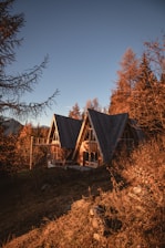 A cozy wooden chalet nestled among tall cedar trees under a soft golden sunset.