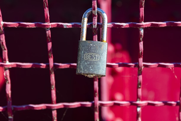 A metallic padlock with a keyhole marked 'BEST' hangs on a grid of metallic wires painted in a reddish hue. The background features a blurred red surface providing a vibrant contrast to the lock.