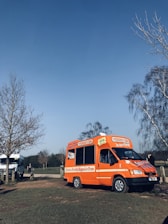 A bright blue-and-white ice cream van parked on a sunny Essex street with happy families gathered around.