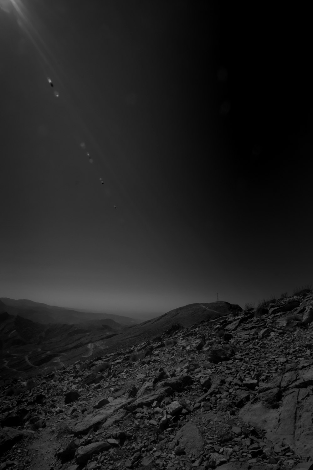 grayscale photo of mountains and trees