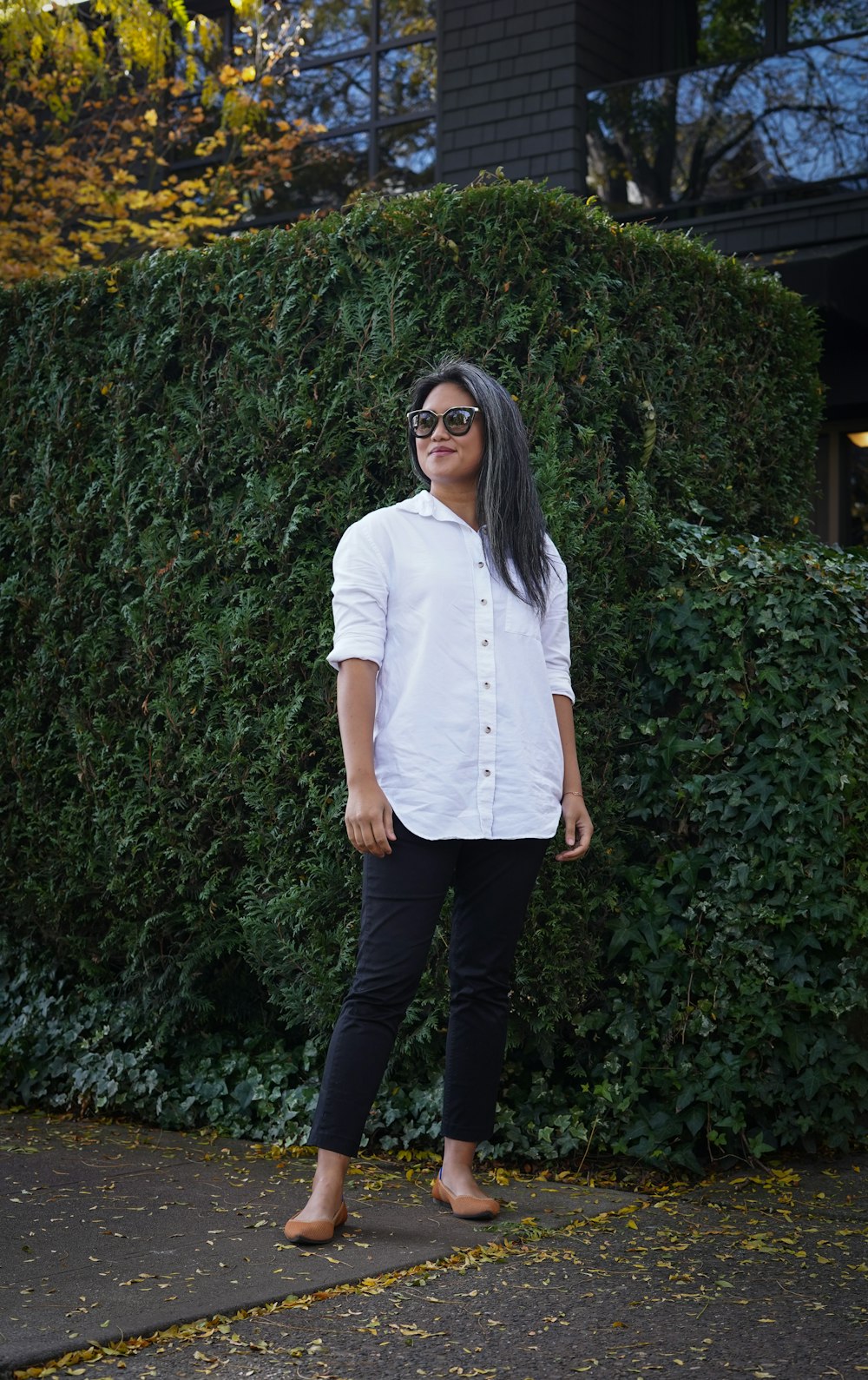 Woman in white button up shirt and black pants standing near green plants  during daytime photo – Free Grey Image on Unsplash