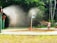 A playground scene with water sprinklers creating a misty environment. Three children are playing near the sprinklers, with one child in a red outfit standing directly under the spray. The ground is wet with water, and lush green trees form a dense backdrop.