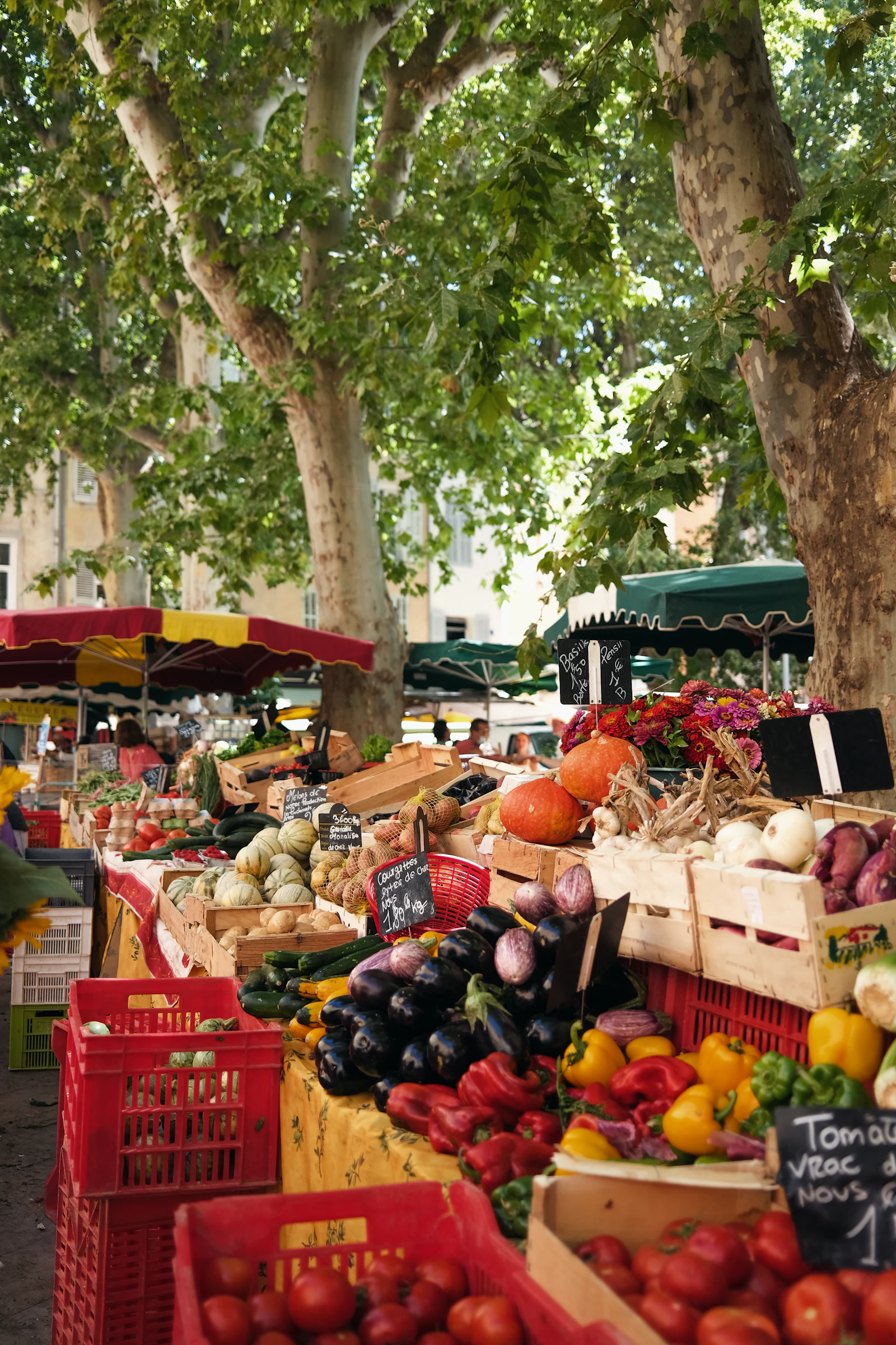 Étals colorés d'un marché de plein air avec cageots de légumes et de fruits de saison
