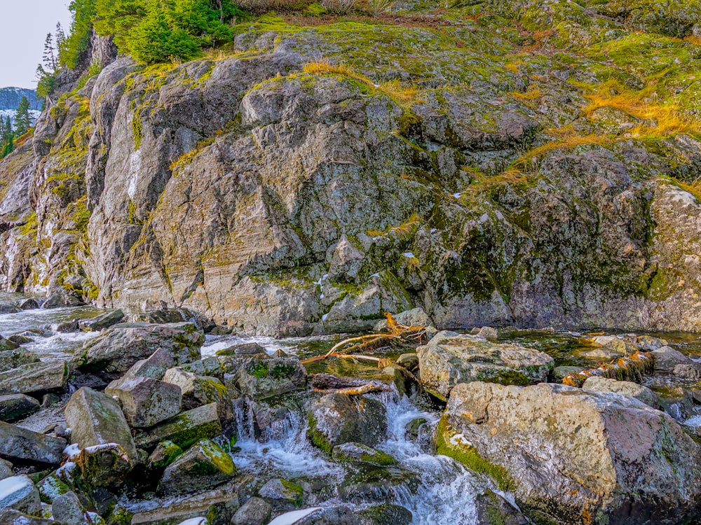 green and brown rock formation beside river during daytime