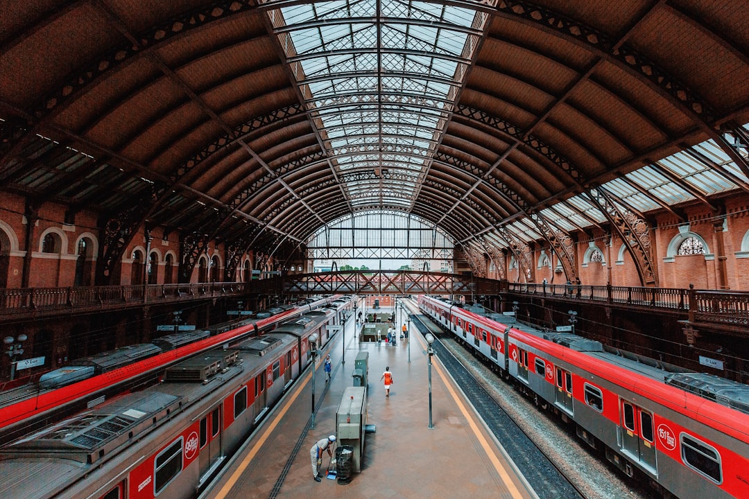 red and white train in train station,