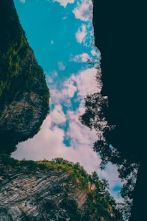 A serene view of a canyon with lush greenery and rocky cliffs.