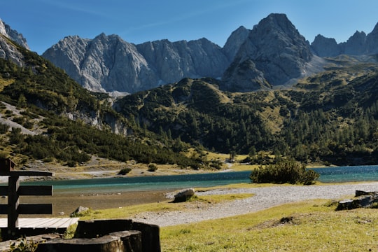 green grass field near lake and mountain during daytime in Seebensee Austria