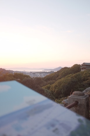A smiling traveler holding a map, standing in front of a vibrant cityscape at sunset.