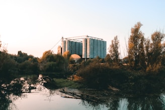 A panoramic view of the rice mill complex at sunset, with golden light reflecting off the silos.