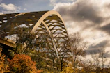 An urban scene featuring a bridge framed by autumn leaves glowing in warm sunlight.