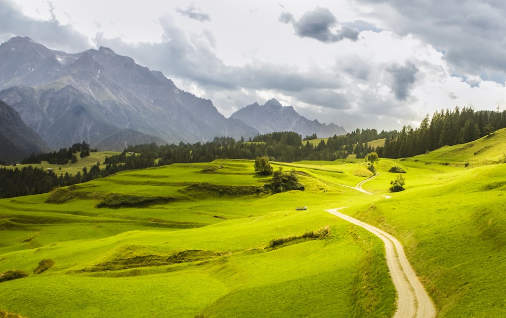 Champ d’herbe verte près de la montagne sous les nuages blancs pendant la journée