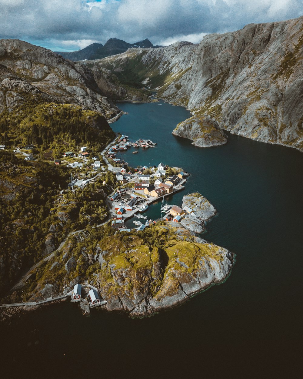 aerial view of snow covered mountains and lake