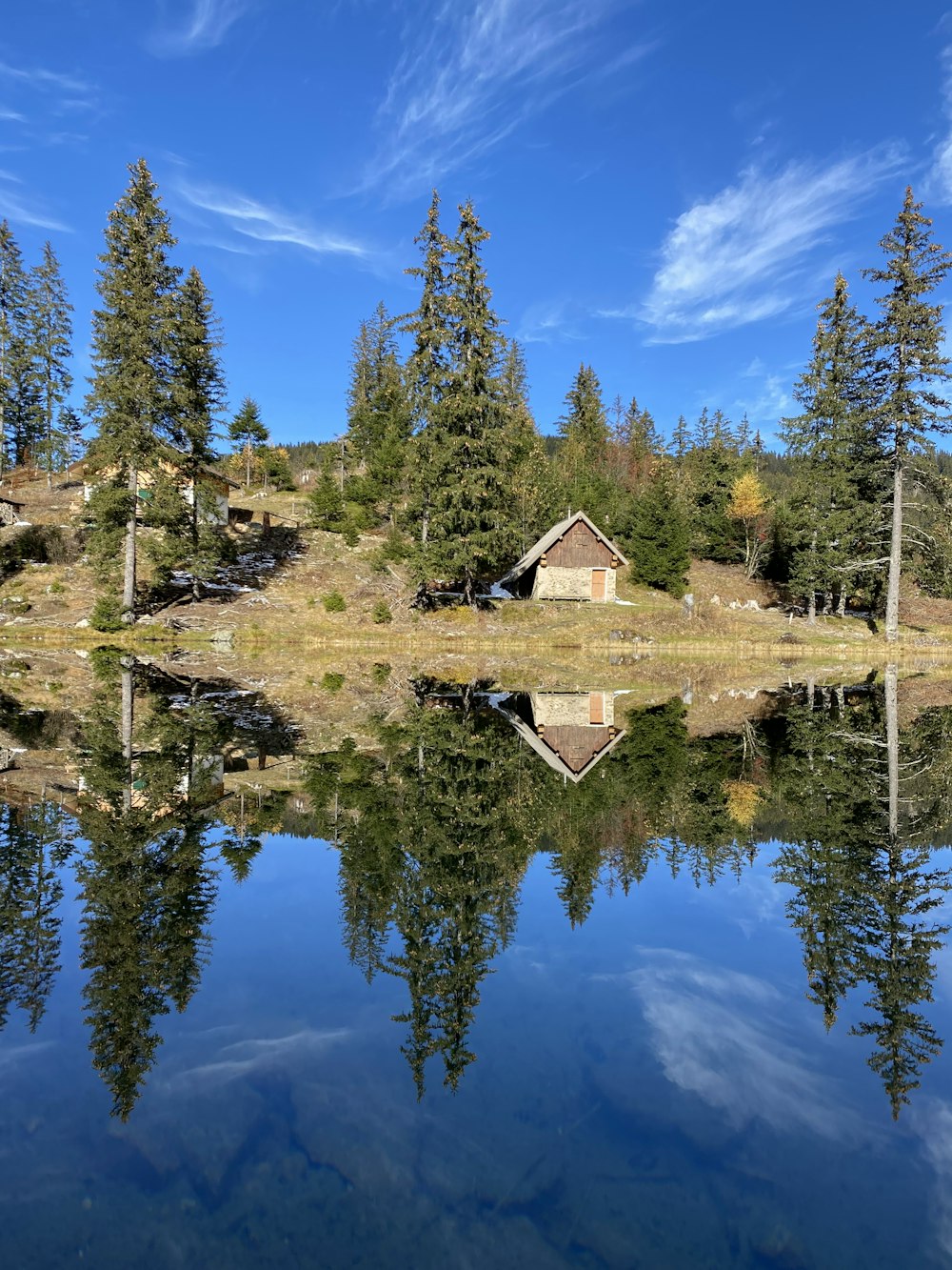 brown wooden house near green trees and lake under blue sky during daytime